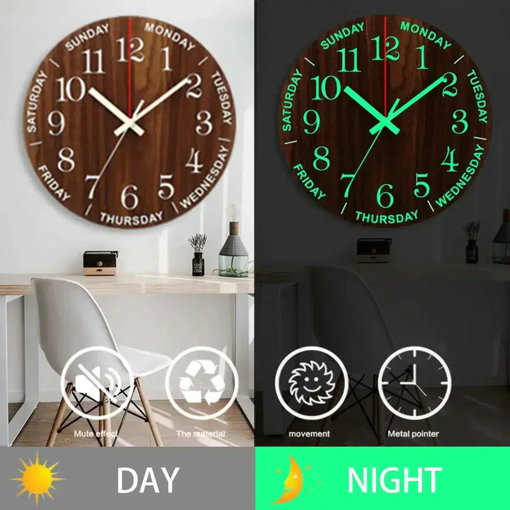 Glowtic Lysende Vægur | Trædesign | Stille | Nattelys | Nordisk Stil | Gaveidé