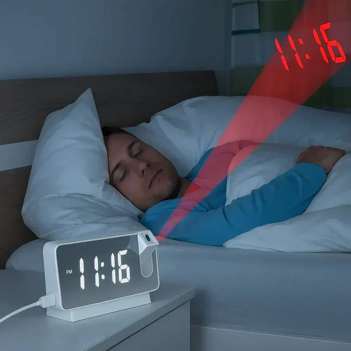 Projektions vækkeur | LED-display med spejloverflade | Dobbeltalarmer &amp; Temperatur | 19 cm