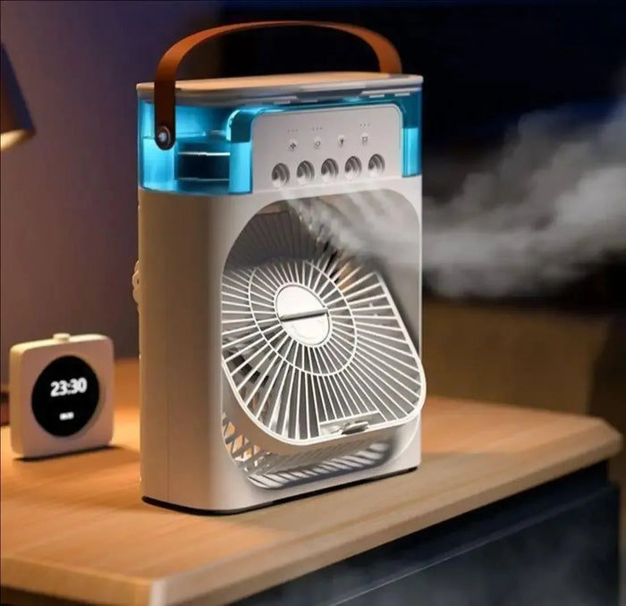 3-i-1 Bærbar Luftkøler med LED-lys – USB-drevet Skrivebordsventilator, Luftfugter & Nattelys |