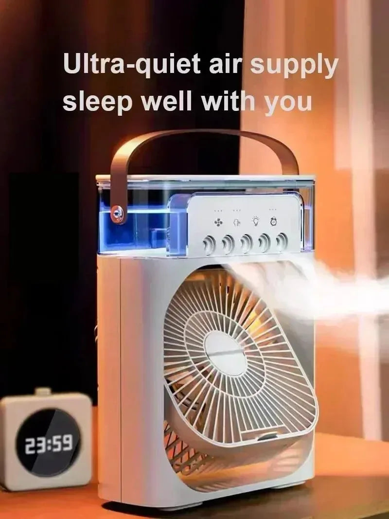 3-i-1 Bærbar Luftkøler med LED-lys – USB-drevet Skrivebordsventilator, Luftfugter &amp; Nattelys |