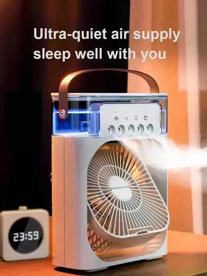 3-i-1 Bærbar Luftkøler med LED-lys – USB-drevet Skrivebordsventilator, Luftfugter &amp; Nattelys |