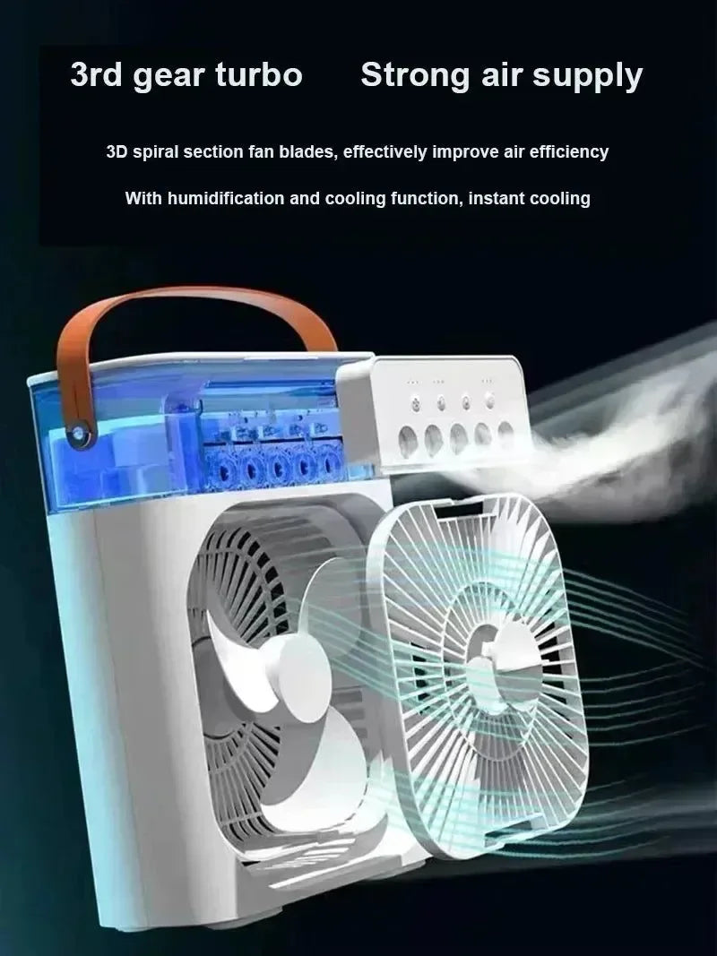 3-i-1 Bærbar Luftkøler med LED-lys – USB-drevet Skrivebordsventilator, Luftfugter &amp; Nattelys |